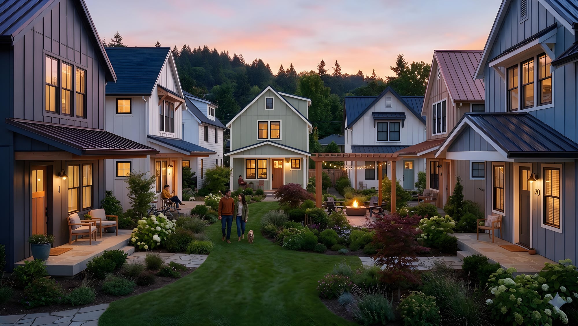 Artist's rendering of Hazelia Farm cottages at dusk, gathered around a landscaped central courtyard green